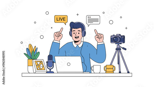 Enthusiastic young man wearing headphones live streaming from his desk equipped with a laptop, microphone, and a camera.