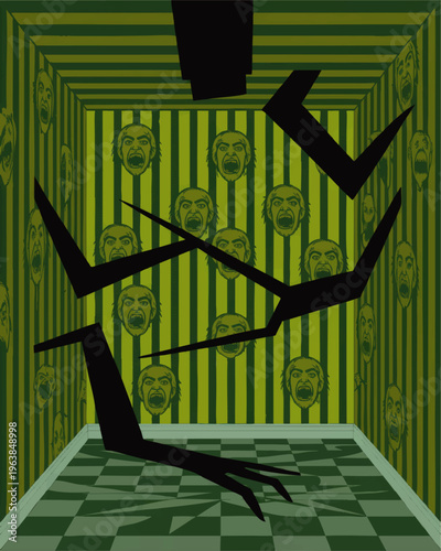 Surreal horror room illustration with screaming faces, abstract black shadow monster and eerie green striped walls, creepy nightmare art