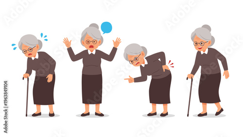 Elderly woman experiencing symptoms of back pain and discomfort while using a wooden walking stick for support.