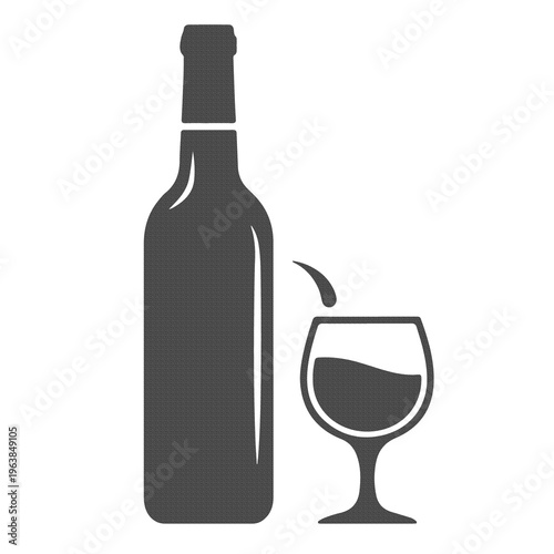 Wine Bottle with Glass Icon Alcohol Beverage Symbol Flat Minimal Bar Restaurant Concept Isolated on White PNG Transparent Background