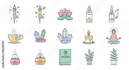 A serene scene of various wellness items and yoga poses with crystals and plants.