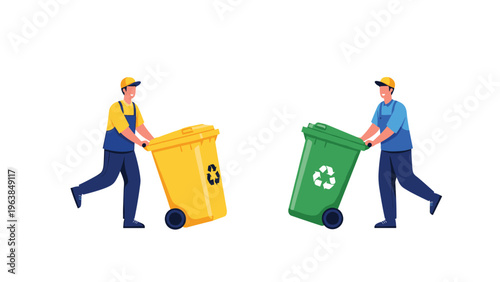 Professional sanitation workers in bright uniforms pushing large plastic recycling bins for waste management.