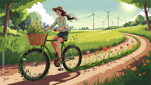Woman cycling through sunny countryside with wildflowers and wind turbines, eco friendly summer travel and sustainable lifestyle illustration