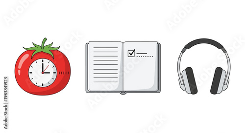 An illustration of a tomato clock, a checklist notebook, and headphones together