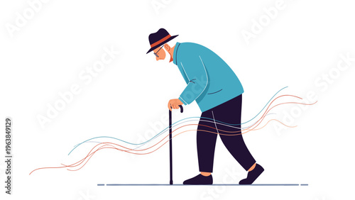 Senior man in a hat and coat walking slowly with a cane while colorful wavy lines flow behind his silhouette.