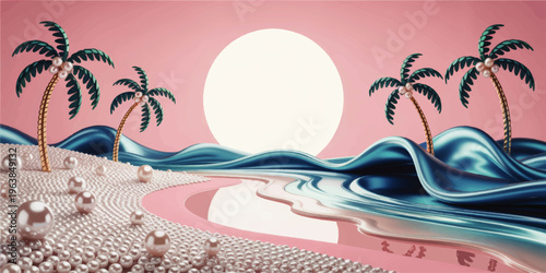 Surreal pearl beach with palm trees and glossy blue waves at sunset, pastel pink luxury tropical seascape 3D illustration