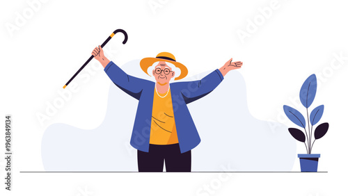 Happy senior woman celebrating her mobility by holding up her walking cane with a joyful facial expression.
