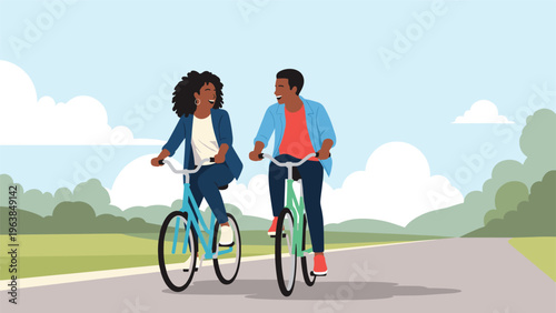 Young happy couple enjoying a leisure bicycle ride together through a scenic park on a bright sunny day.