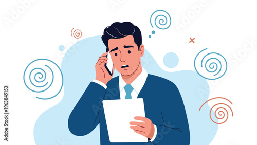 Concerned businessman looking at a document while talking on his mobile phone in a busy office environment.