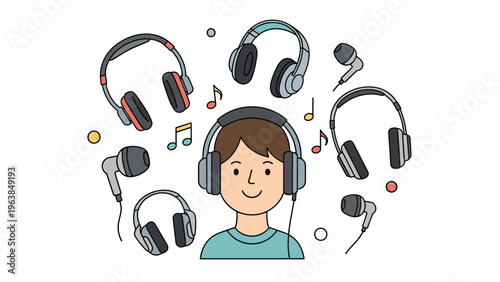 Happy young boy wearing headphones surrounded by various musical notes and different types of earphones.