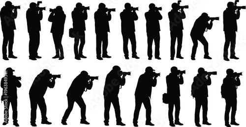Photographer silhouettes collection, people with camera shooting, professional photography, paparazzi concept, media coverage, black isolated figures, creative illustration design