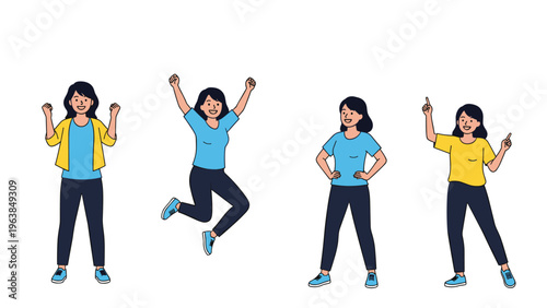 Young woman in casual clothes shown in several joyful and active poses like jumping and cheering.