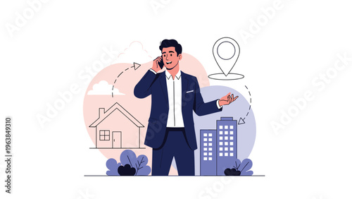 Professional real estate agent talking on a mobile phone with icons of houses and locations in the background.
