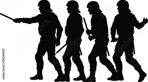 police, riot, control, officer, security, force, patrol, law, enforcement, silhouette, baton, protest, crowd, protection, authority, uniform, safety, action, defense, vector