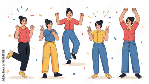 Group of diverse young women celebrating together with confetti, cheering, and showing victory signs.