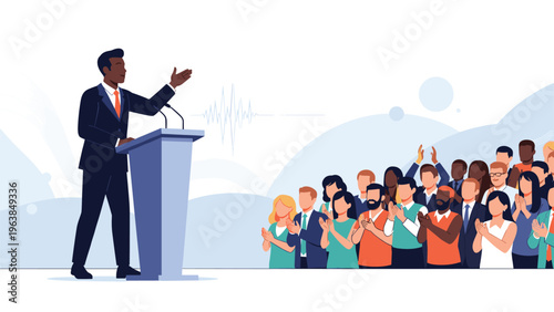Public speaker at a podium addressing a large crowd of diverse people clapping and cheering during a speech.