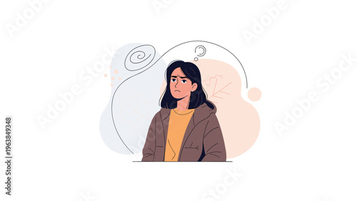 Young woman looking frustrated or thoughtful with a spiral confusion icon and question marks near her.
