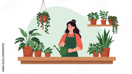 Woman in a garden apron watering various indoor potted plants on shelves and a wooden workbench.
