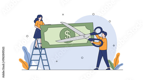 Two people using giant scissors to cut a large dollar bill in half symbolizing cost reduction or budget cuts.