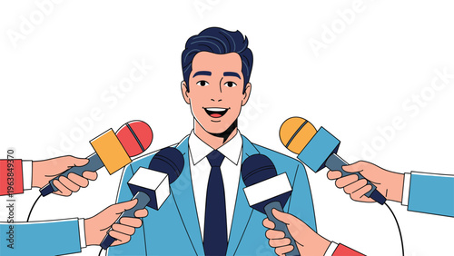 Professional businessman or politician being interviewed by several journalists holding multiple microphones.