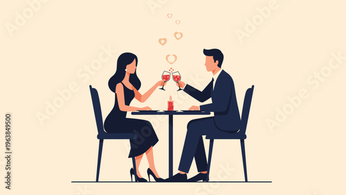 Romantic couple enjoying a candlelit dinner while toasting with glasses of red wine at a small table in a cozy atmosphere.