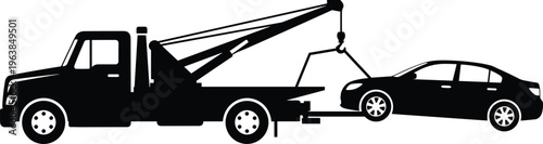 Tow truck towing car silhouette, roadside assistance vehicle transporting broken auto, black vector illustration isolated on white background design