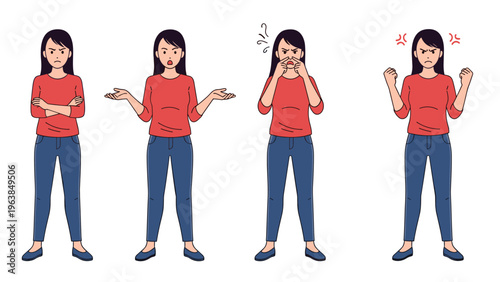 Young woman in a red shirt showing various facial expressions and gestures of anger, frustration, and being extremely upset.
