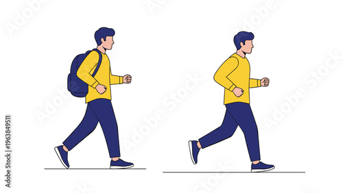 Young man in a yellow sweatshirt and blue pants walking and running with and without a backpack shown in side profile views.