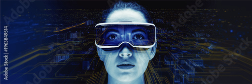 Futuristic woman in virtual reality glasses with digital city network overlay, blue cyberpunk technology background for innovation concepts