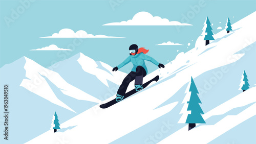 Person snowboarding down a steep snowy mountain slope with evergreen trees and clouds in a beautiful winter sport scene.