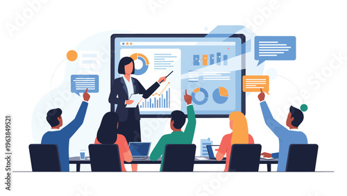 Business team participating in a presentation with a female speaker pointing at a digital screen while the audience raises hands.