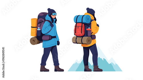 Two adventurous hikers with large camping backpacks standing on a mountain peak and looking out at the snowy mountain range.