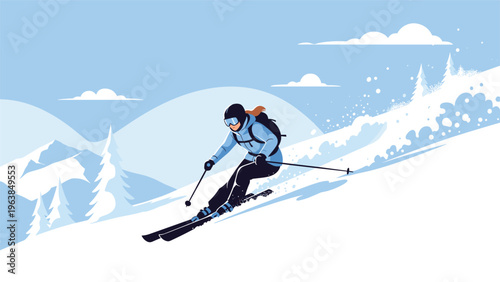 Athlete skiing down a steep snowy mountain slope during winter representing extreme sports and outdoor recreational activities in the snow.