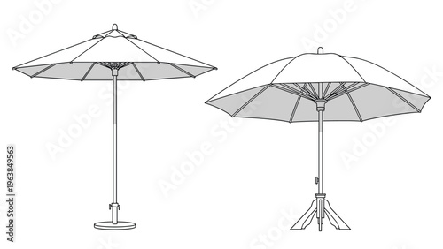 Technical line drawing illustrations of large outdoor market umbrellas used for patio shade and garden furniture design specifications.