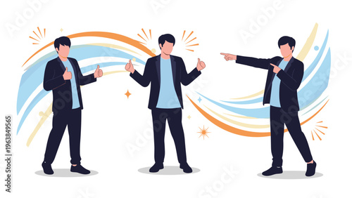 Business professional character shown in multiple poses giving thumbs up and pointing to indicate success and positive direction in daily tasks.
