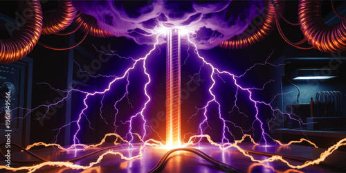 Futuristic laboratory energy reactor with glowing purple lightning bolts, sci fi electricity experiment, cyberpunk power technology background