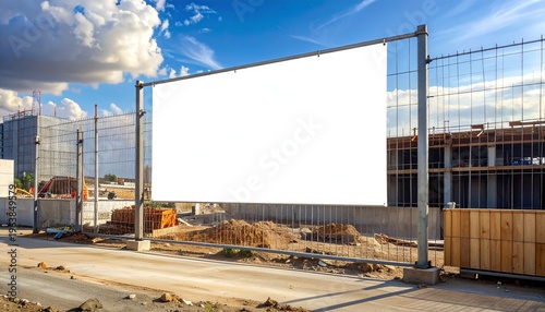 A large blank advertisement banner hangs on a fence surrounding a building under construction.