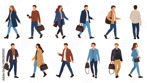 Large collection of diverse men and women characters walking in various casual and professional outfits while carrying handbags and briefcases.