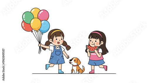 Two young girls enjoying a fun summer day playing with a cute dog while holding colorful balloons and eating a fresh slice of sweet watermelon.