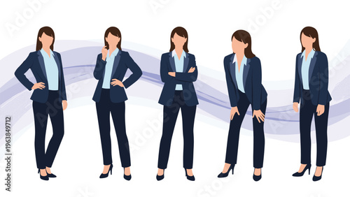 Collection of professional businesswomen in dark suits standing in various confident poses for a corporate presentation.
