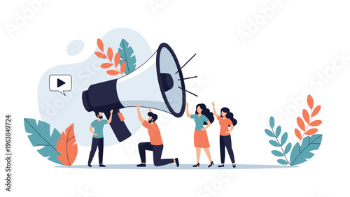 Team of professionals using a large megaphone to announce news and marketing messages representing business communication and social promotion.