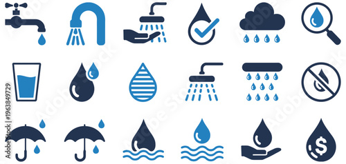 water conservation icons set, including drops taps showers rain hygiene symbols, blue flat design for sustainability plumbing weather usage concept, vector infographic illustration collection 