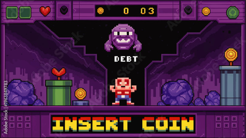 Retro pixel art arcade game screen with player facing purple debt monster, insert coin text, financial stress metaphor illustration