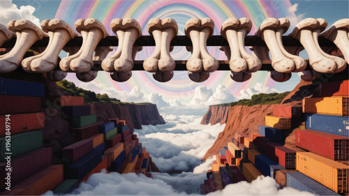 Surreal bone bridge over canyon of colorful shipping containers above clouds with rainbow sky, fantasy industrial landscape illustration