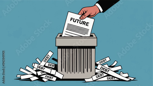 Businessman Shredding Future Document Surrounded by Debt Strips, Financial Crisis Concept, Economic Risk Illustration on Blue