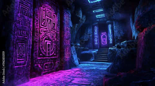 Mysterious ancient chamber with carved walls and glowing portal