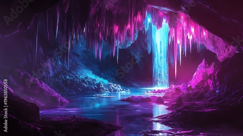 Mysterious cave interior with glowing water and illuminated stalactites