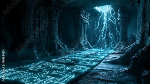 Mysterious corridor with glowing pathway and mystical energy display