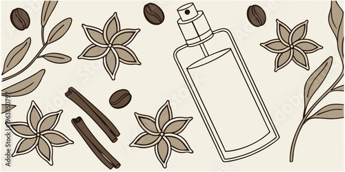 Beautiful collage with photos of luxury perfume and ingredients represent their fragrance notes on light background, top view. Banner design
