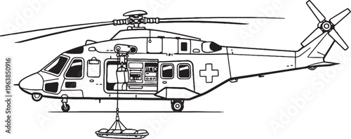 Rescue Helicopter Hoist System Line Art Vector Illustration Side View